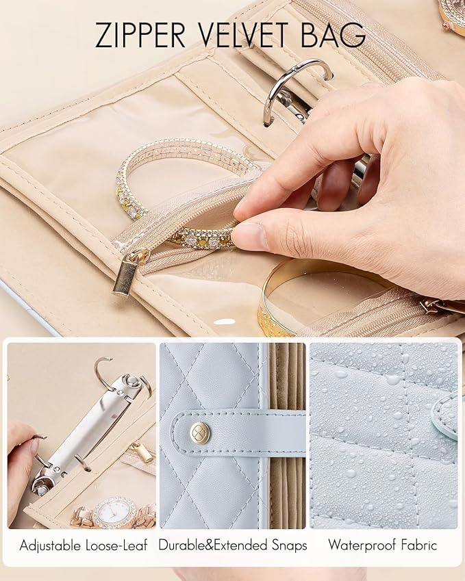 Vlando Travel Jewelry Organizer Case, Foldable Jewelry Bags Jewelry Storage Book Ring Binder with Clear Zipper Velvet Pouch Bag for Travel Essentials,Rings,Necklace,Earrings,Bracelets-Blue