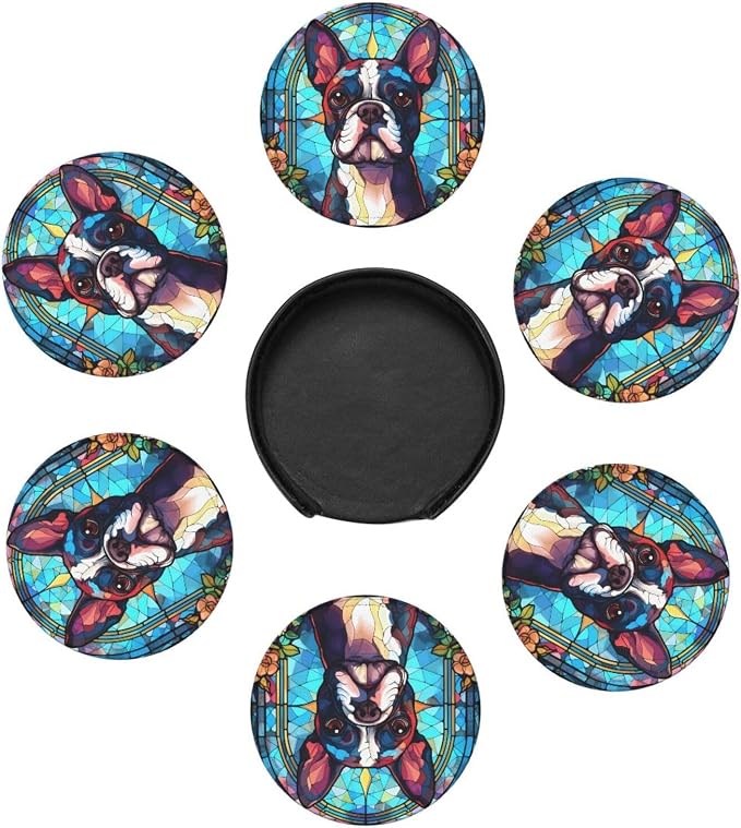 Boston Terrier Stained Dog Breed Glass Art Leather Drinks Coasters