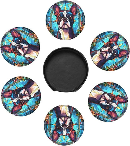 Boston Terrier Stained Dog Breed Glass Art Leather Drinks Coasters