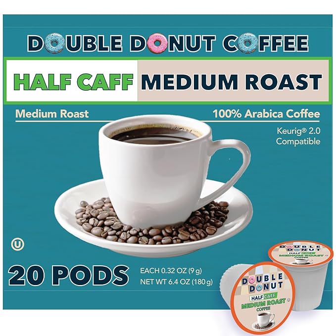 Double Donut Coffee Half Caff Coffee Pods, Single Serve Half Caffeine Coffee Pods For Keurig K Cup Brewers, Medium Roast, 20 Count