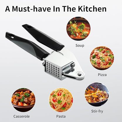 Garlic Press Stainless Steel, Professional Manual Garlic Mincer Garlic Crusher for Kitchen Use, Easy to Squeeze and Clean, Rust Proof and Dishwasher Safe, 8.26-Inch, Black