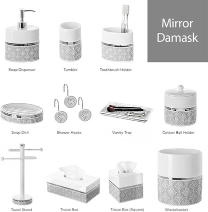 Creative Scents Mirror Damask Bathroom Cup - Electric Toothbrush and Toothpaste Holder for Bathroom, Gray & White Tooth Brush Holder Tumbler Cup for Toothbrushes, Toothpaste, Makeup Brushes or Rinsing