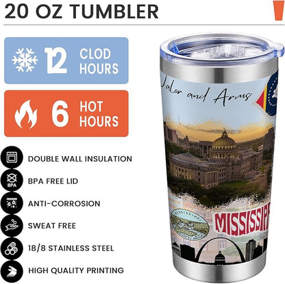 20oz Insulated Tumbler Mississippi State Coffee Mug, United States Map Travel Mug Landmark, Birthday Gifts Cute Custom Tumbler Cups with Lid and Straw Mothers Day Gifts