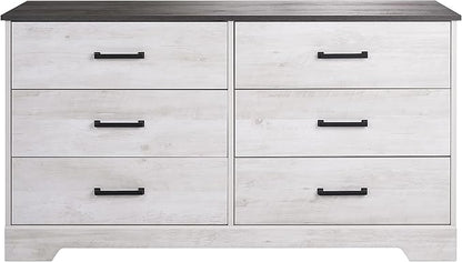Prepac Rustic Ridge Farmhouse 6-Drawer Double Dresser, Washed White Dresser for Bedroom, Chest of Drawers with 6 Storage Drawers, 53.25” wide x 18.25” deep x 28.5” tall, Washed White