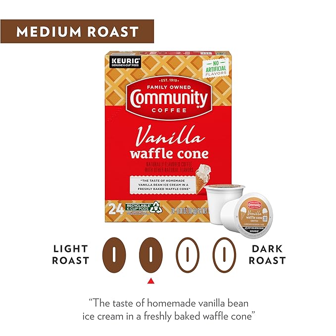 Community Coffee Vanilla Waffle Cone 96 Count Coffee Pods, Ice Cream Flavored, Compatible with Keurig 2.0 K-Cup Brewers, 24 Count (Pack of 4)