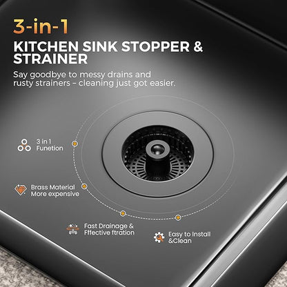 3 in 1 Kitchen Sink Strainer & Stopper, Pop Up Drain Plug for 3.5 Inch Sink – Anti-Clogging, Brass Core, Easy to Clean with Bonus Basket – Black – DIKSEFN