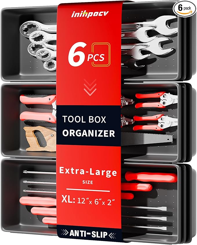 【6 PCS Extra-Large】 Tool Box Drawer Organizer Trays with Non-slip Pads, Heavy-Duty Tool Chest Drawer Organizer for Rolling Tool Chest and Garage Drawers, Truck Toolbox organizer and Workbench Storage