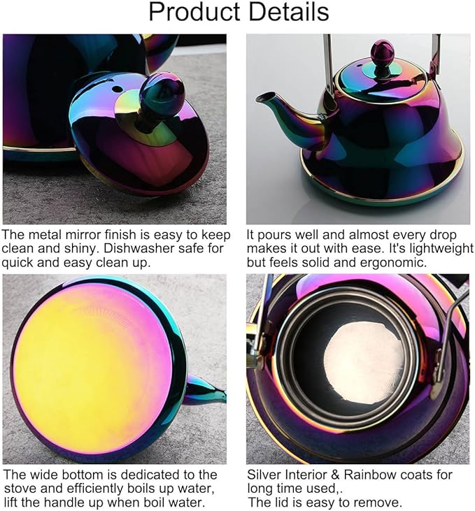 Whistling Tea Kettle Stainless Steel Stovetop Teakettle with Infuser Sturdy Teapot for Tea Coffee Fast Boiling Color Rainbow Mirror Finish 2 Liter / 2 Quart