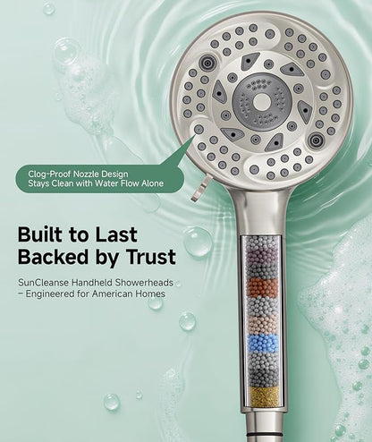 SunCleanse Filtered Shower Head with Handheld,9-Spray Setting Detachable Shower Head with 4 Filters for Hard Water - Filter Chlorine, Improve Skin and Hair Texture (4 Filters, Brushed Nickel)