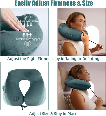 urophylla Compact Travel Neck Pillow for Airplanes, Super Soft Velvet Neck Support, Adjustable Firmness, Inflatable Plane Pillow for Long Flights, Road Trips, Travel Essentials with Eye Mask, Earplug