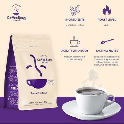 Coffee Bean Direct French Roast, Whole Bean Coffee, Dark Roast, 1 Pound Bag (Pack of 1)