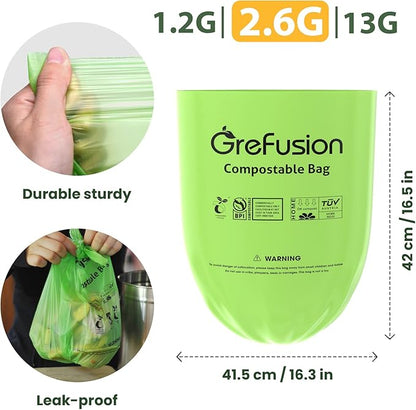 GreFusion 2.6 Gallon Compostable Trash Bags, 100 Count, Extra Thick 0.71 Mil, Certified by BPI and ASTM D6400, Perfect Fit for Small Trash Cans