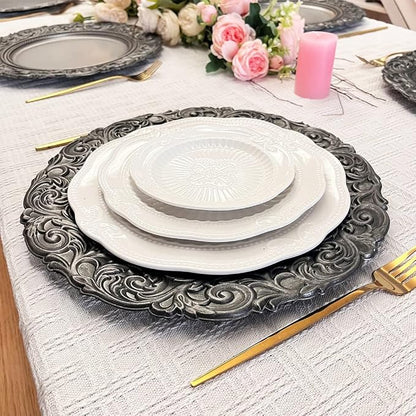 Antique Silver Charger Plates Embossed Rim, 13 Inch Dinner Plate Chargers Round