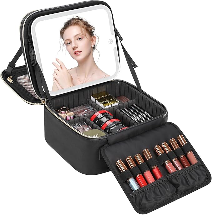 Travel Makeup Bag with LED Mirror Double Layer Makeup Case with Lighted Mirror Dual Layer Cosmetic Train Case Portable Artist Organizer Bag with Dividers and Rechargeable Vanity (Black, Small)