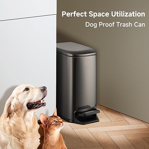 TIPGO Slim Bathroom Trash Can with Lid Soft Close, 6 Liter / 1.6 Gallon Stainless Steel Garbage Can with Removable Inner Bucket, Step Pedal, Small Trash Cans for Bedroom, Office, Kitchen (Black Gold)