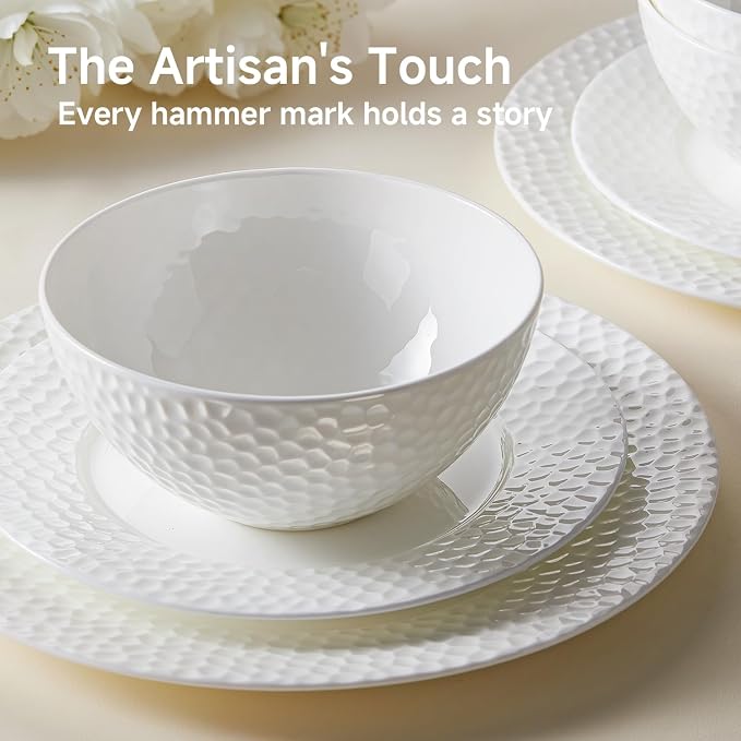 18Pcs Hammered Rim White Bone China Set, Service