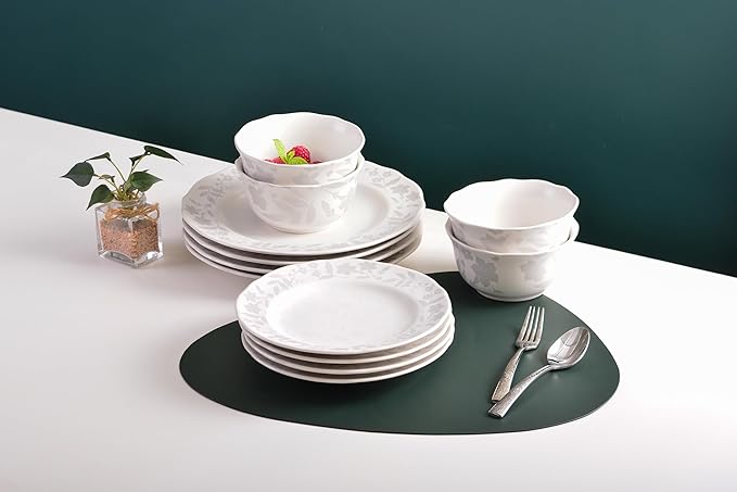 222 Fifth 12-Piece Porcelain Dinnerware Set for 4, Glossy White Plates and Bowls Sets with Silver Flower Pattern, Luxury Ceramic Dish Set, Elegant Kitchen Dishes for Everyday Dining, Refreshed Floral