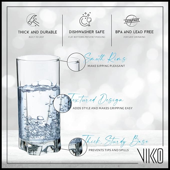 Vikko Drinking Glasses, 12 Oz Drinking Glasses Set of 6, Crystal Clear Glass Cups for Water or Juice, Highball Glass Tumbler & Water Glasses for Drinking