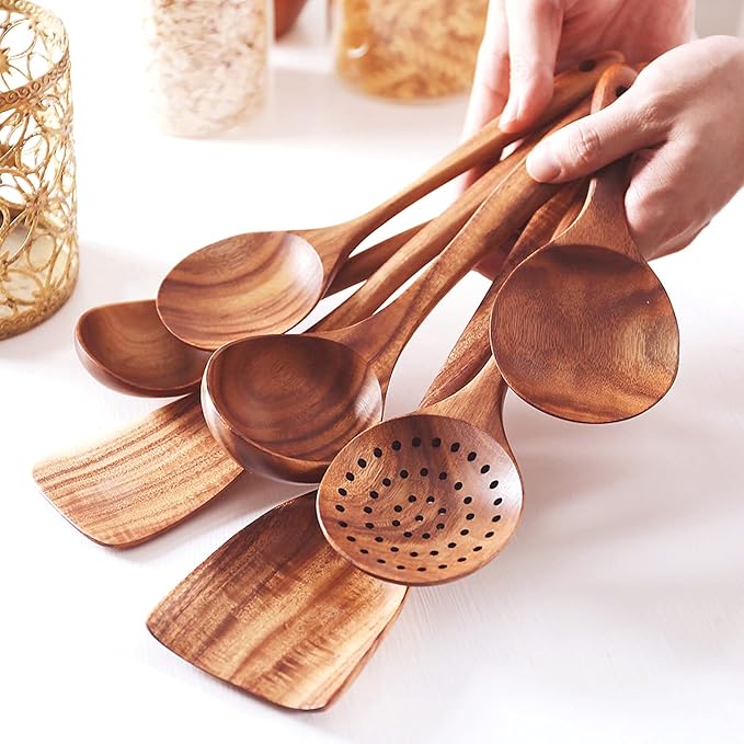 FJNATINH Wooden Spoons for Cooking, 8 Pcs Nonstick Wooden Cooking Utensils Set,Nonstick Natural and Healthy Kitchen Utensil（8 Pcs）