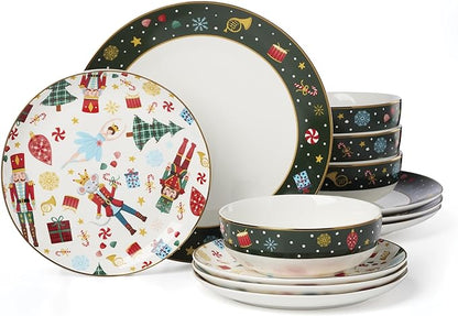 Lenox Dinnerware Set, Nutcracker Ballet 12-Piece Dinnerware Set, Service for 4, Made Of Porcelain, Dishwasher/Microwave Safe, Includes Plates and Bowls for Pasta and Salad, Christmas Decor (12 Piece)