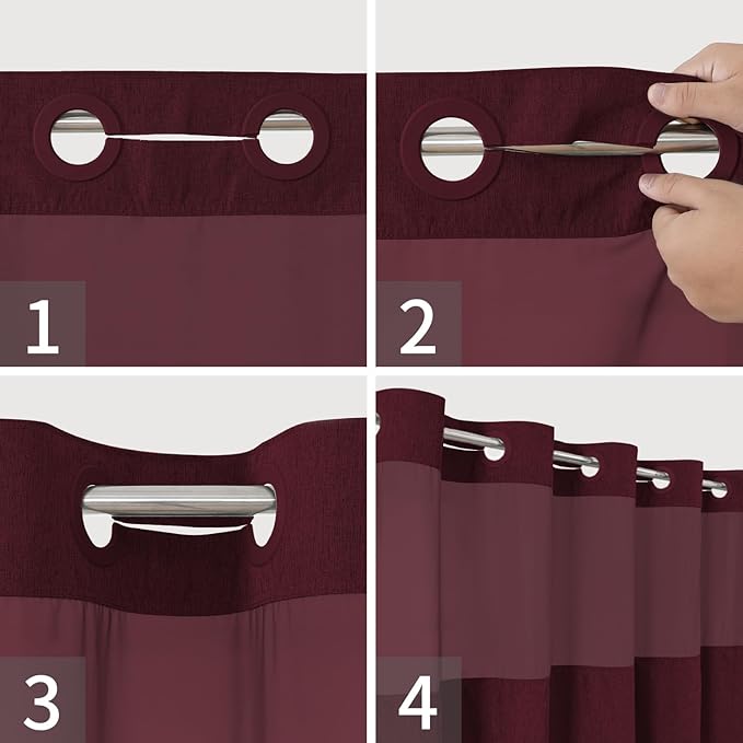 Long No Hooks Needed Linen Textured Shower Curtain with Snap-in Fabric Liner Set,Hotel Luxury Decor Shower Curtains for Bathroom,Waterproof & Washable,71Wx80H,Burgundy