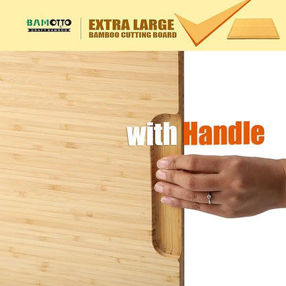 Extra Large 100% Organic Bamboo Cutting Board, 24x18 Inch Butcher Block Chopping/Carving Board with Handle and Juice Groove for Turkey, Meat, Vegetables, BBQ (XXL, 24" x 18"）
