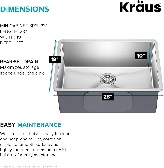 KRAUS Standart PRO 28-inch 16 Gauge Undermount Single Bowl Stainless Steel Kitchen Sink, KHU100-28