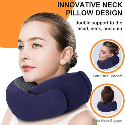 Travel Pillow - Hooded Neck Pillow Airplane Memory Foam Filling for Plane, Office, Cars Sleeping, Road Trip, Long Flights, Portable Plane Accessories, Includes Eye Mask & Earplugs (Navy)