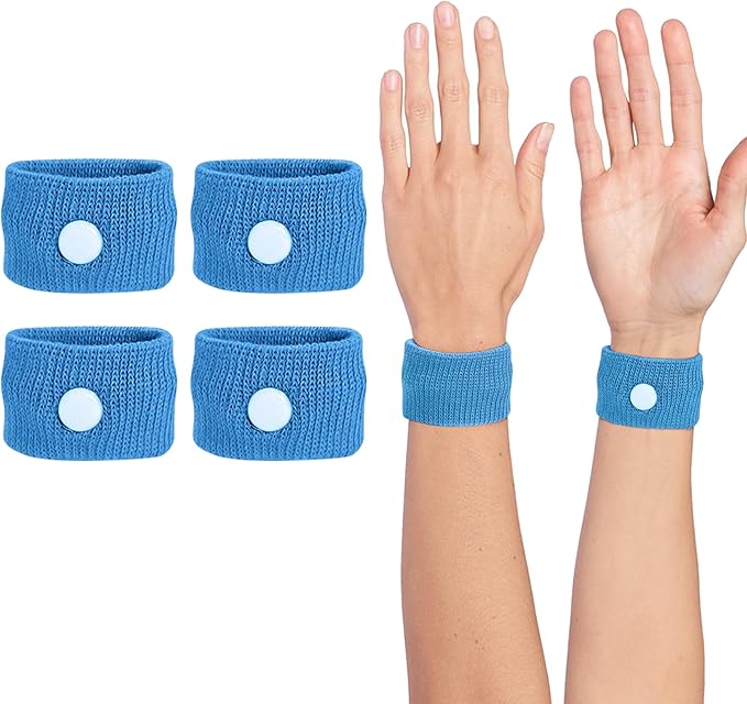 Motion Sickness Wristband, Anti-Nausea Acupressure Wrist Band for Nausea Relief, Dizziness and Vomiting from Car Sea Boat Flying Travel Sickness for Adults and Kids (Light Blue, Large, 2 Pairs)