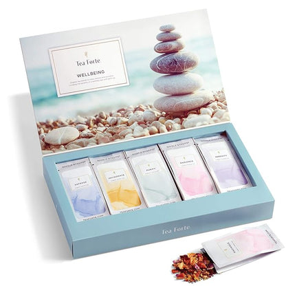 Tea Forte Wellness Tea Assortment Single Steeps Loose Leaf Premium Tea Gift Set Sampler, 15 Count 3 of Each Assorted Blends, Pre-Portioned Single Serve Pouches, Steeps 12 oz
