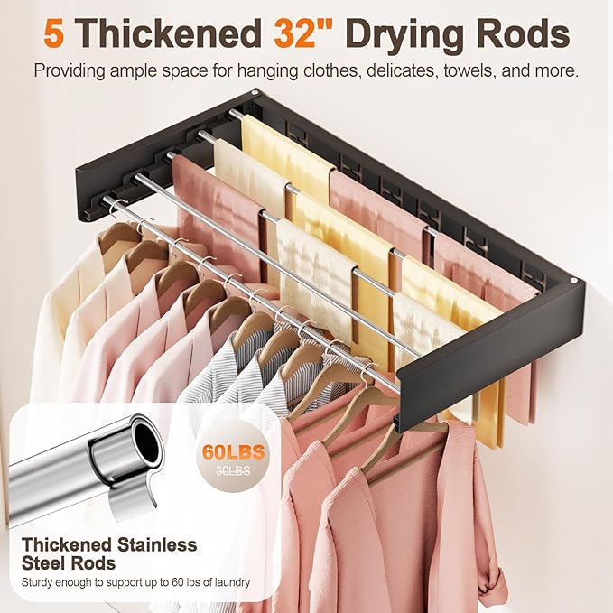 Wall Mounted Clothes Drying Rack Folding Indoor, Foldable Laundry Drying Rack Collapsible,Invisible, Space Saving, Retractable Towel Drying Rack, with Wall Template(5 Drying Rods, Black 32")