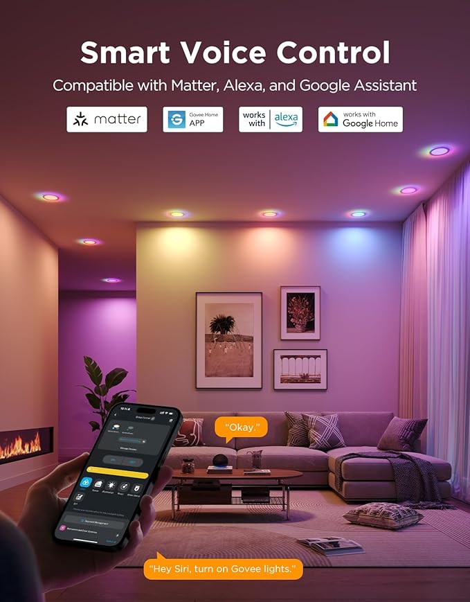 Govee Smart Recessed Lighting 6 Inch, Matter RGBIC LED Recessed Light Work with Alexa, Google Assistant, Dimmable 1100LM Canless Downlight with Junction Box for Living Room, Bedroom, Kitchen 4 Pack