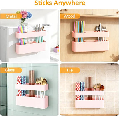 MoodLife 2-Pack Silicone Straw Holder for Cabinet Door,Reusable Adhesive Container for Kitchen Storage Solutions, Cupboard Organizer and Space Saving Hacks (Pink)