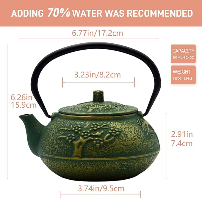 900ml Small Cast Iron Tea Kettle, SECHUDO Teapot Coated with Enameled Interior for Stovetop, Japanese Green Tea Pot with Stainless Steel Strainer for Loose Leaf, Pine,Bamboo and Plum Pattern(30.4oz)