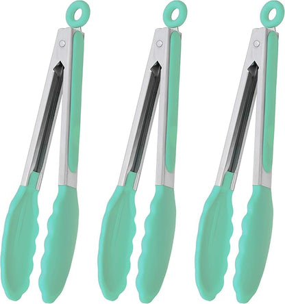 Kitchen Cooking Tongs with Silicone Tips 9-Inch Food Tongs, Set of 3 (Mint)