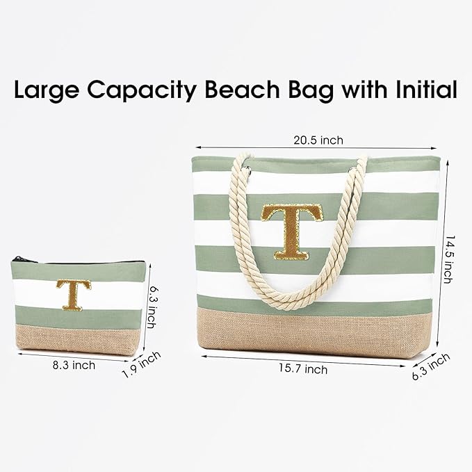 Becokan Beach Bag Initial Beach Tote with Makeup Bag for Travel Work Storage Personalized Birthday Gifts for Women Her