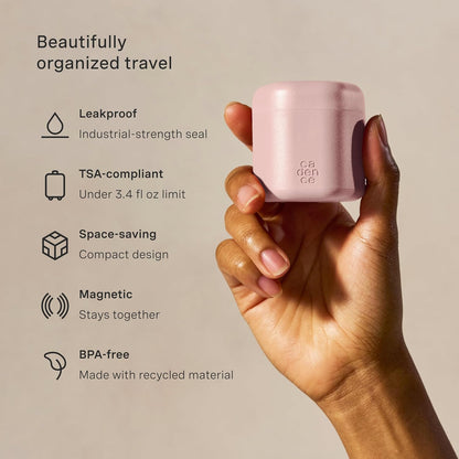 Cadence Travel Containers - Full Skincare Set - Magnetic Containers with Lids,Carry On Travel Essentials For Women/Men - 2 Small (0.56oz), 4 Medium Capsules (1.32oz), & Extender (1.43oz) - Petal