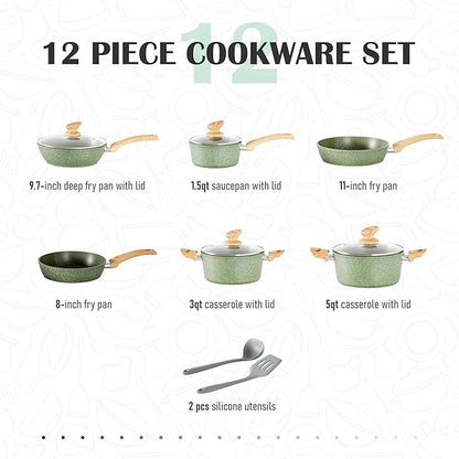 MAISON ARTS Pots and Pans Set Non Stick, 12 Piece Green Granite Kitchen Cookware Induction Compatible, Pot and Pan Sets for Cooking Nonstick