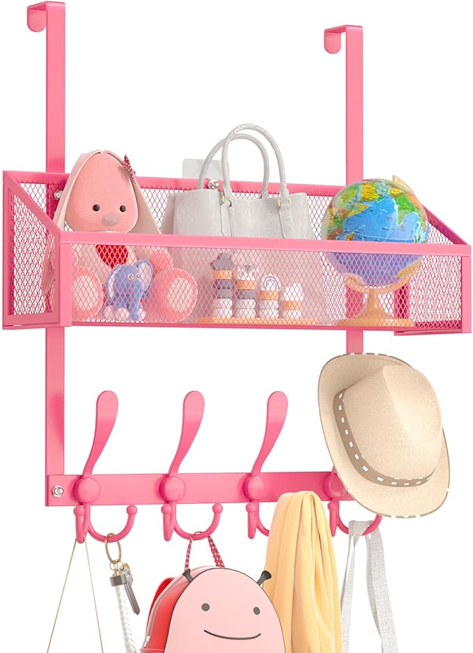 Over The Door Hooks Organizer, Coat Rack Over The Door Storage Hanger Towel Rack, Back of Storage Organizer for Bathroom,Bedroom,Kitchen,Office(Pink 2-Tier)
