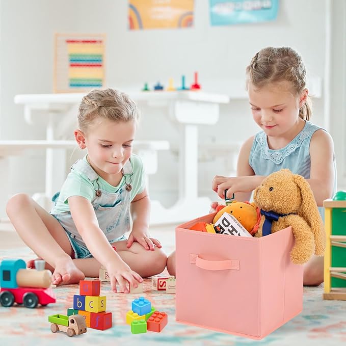 Stero Fabric Storage Bins 6 Pack Fun Colored Durable Storage Cubes with Handles Foldable Cube Baskets for Home, Kids Room, Closet and Toys Organization Peachpuff