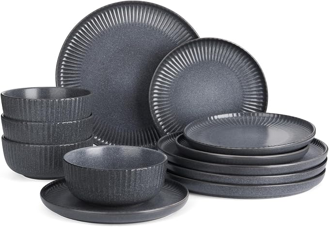 Famiware Ceramic Plates and Bowls Sets, Reactive Glaze Ribbed Dishes