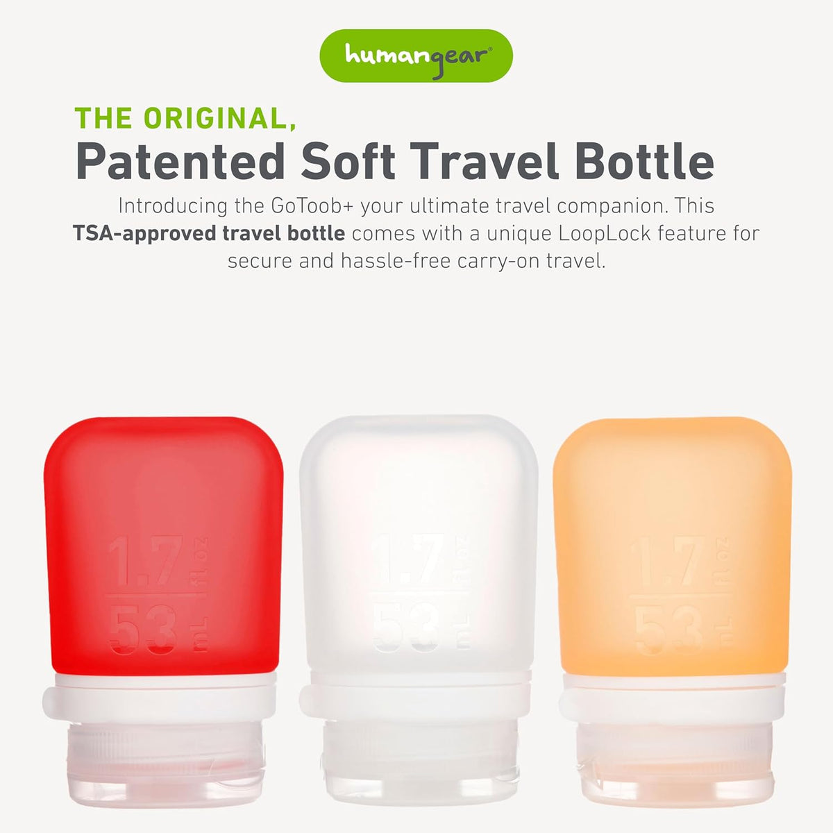 humangear GoToob+ 3-Pack (Small) | Refillable Silicone Travel Bottle | Locking Lid | Food-Safe Material, Clear/Red/Orange, Small (1.7 fl.oz; 53ml)