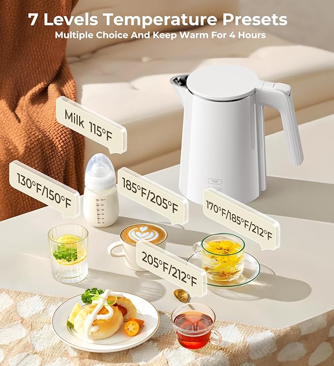 Electric Kettle, 1.0L 1200W Fast Heat with Auto Shut-Off, Boil-Dry Proof, 7 Temperature Control Teapot, Double Wall Stainless Steel Water Boiler Heater, 4H Keep Warm, Cool Touch Tea Pot, White