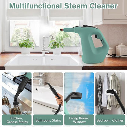 COSTWAY Handheld MultiPurpose Steam Cleaner with 17 Pieces, 350ml Large Capacity Steam Mop Continuous Fill water, Portable Chemical-Free Steamer for Home Use, Floors, Windows, 1400W, Green