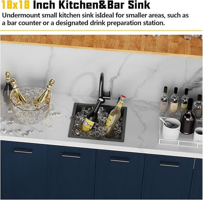 Small Black Kitchen Sink,18x18 Inch Stainless Steel Undermount Drop In Kitchen&Bar Sink Ideal Choice For Small Space, Prep Area, RV With Bottom Grid,Soap Mat And Drain Assembly