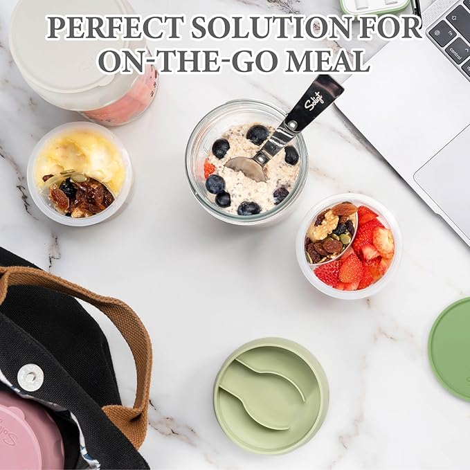 SOLIGT 2 Pack Overnight Oats Containers with Lids, Folding Spoons, and Divided Compartments for Fruit & Nuts, Small Glass 16oz Mason Jars for Oatmeal Yogurt Parfait (2 Set-Oat White/Organic Green)