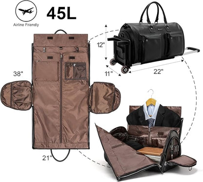 Modoker Rolling Garment Bag for Travel Wheeled Duffel Bag Luggage Suit Travel Bags for Men and Women,3 in 1 Carry on Convertible Garment Bag with Wheels,Black