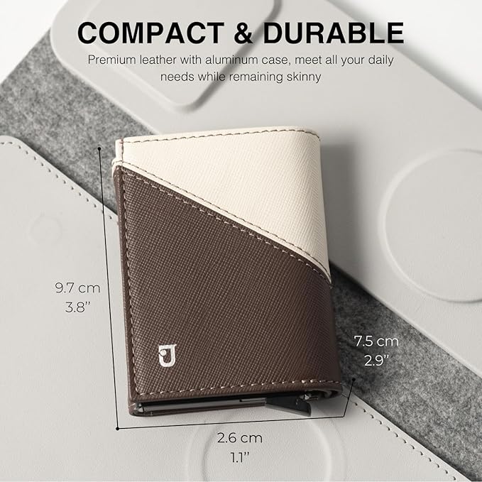 Jenoss Smart Wallet For Men: Full Grain Leather, Handcrafted, Slide Metal Pop Up Case, Slim RFID Blocking Credit Card Holder, Compact 12 Cards Slot Organizers, ID, Money Clip (Brown & Cream)