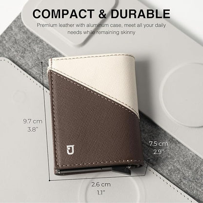 Jenoss Smart Wallet For Men: Full Grain Leather, Handcrafted, Slide Metal Pop Up Case, Slim RFID Blocking Credit Card Holder, Compact 12 Cards Slot Organizers, ID, Money Clip (Brown & Cream)