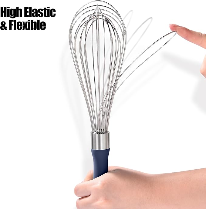 18/8 Stainless Steel Balloon Whisk, Doosu Kitchen Whisk for Cooking Handheld Egg Beater with Rust-Proof Sturdy Wires & Non-Slip Silicone Handle for Beating, Stirring, Blending (12 Wires, Navy Blue)